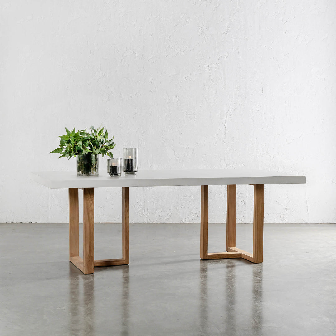 ARIA HALMSTAD DINING TABLE | BIANCO CIMENT + TEAK LEGS | 220CM