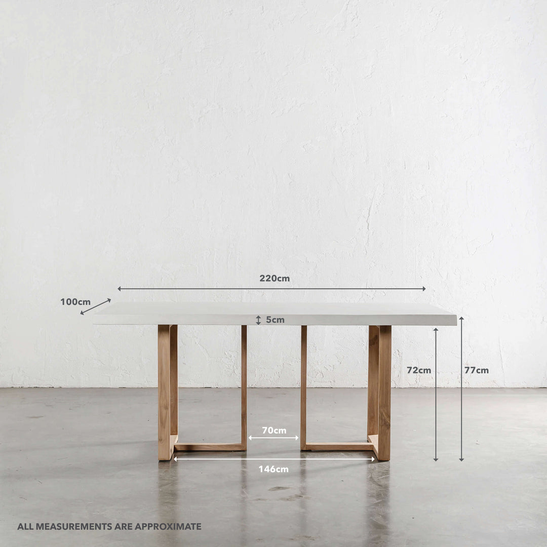 ARIA HALMSTAD DINING TABLE  |  BIANCO CIMENT + TEAK LEGS  |  220CM | MEASUREMENTS