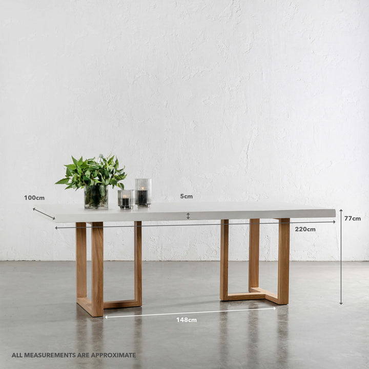 PRE ORDER | ARIA HALMSTAD DINING TABLE | BIANCO CIMENT + TEAK LEGS | 220CM | MEASUREMENTS