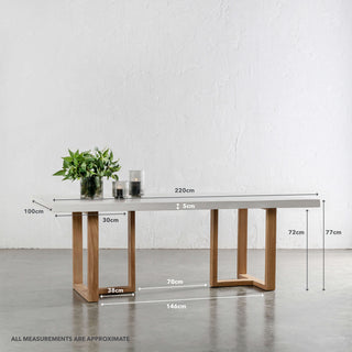 ARIA HALMSTAD DINING TABLE  |  BIANCO CIMENT + TEAK LEGS  |  220CM | MEASUREMENTS
