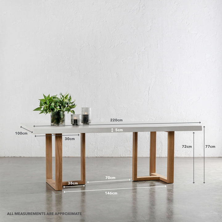 ARIA HALMSTAD DINING TABLE  |  BIANCO CIMENT + TEAK LEGS  |  220CM | MEASUREMENTS