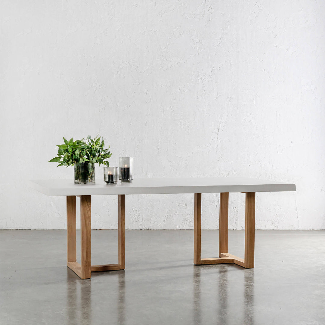 ARIA HALMSTAD DINING TABLE  |  BIANCO CIMENT + TEAK LEGS  |  220CM