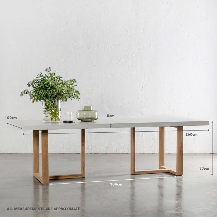 PRE ORDER | ARIA HALMSTAD DINING TABLE | BIANCO CIMENT + TEAK LEGS | 260CM | MEASUREMENTS