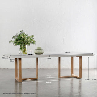ARIA HALMSTAD DINING TABLE  |  BIANCO CIMENT + TEAK LEGS  |  260CM | MEASUREMENTS