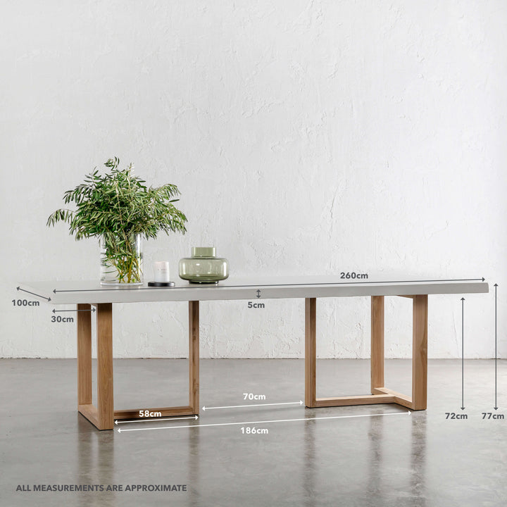 ARIA HALMSTAD DINING TABLE  |  BIANCO CIMENT + TEAK LEGS  |  260CM | MEASUREMENTS