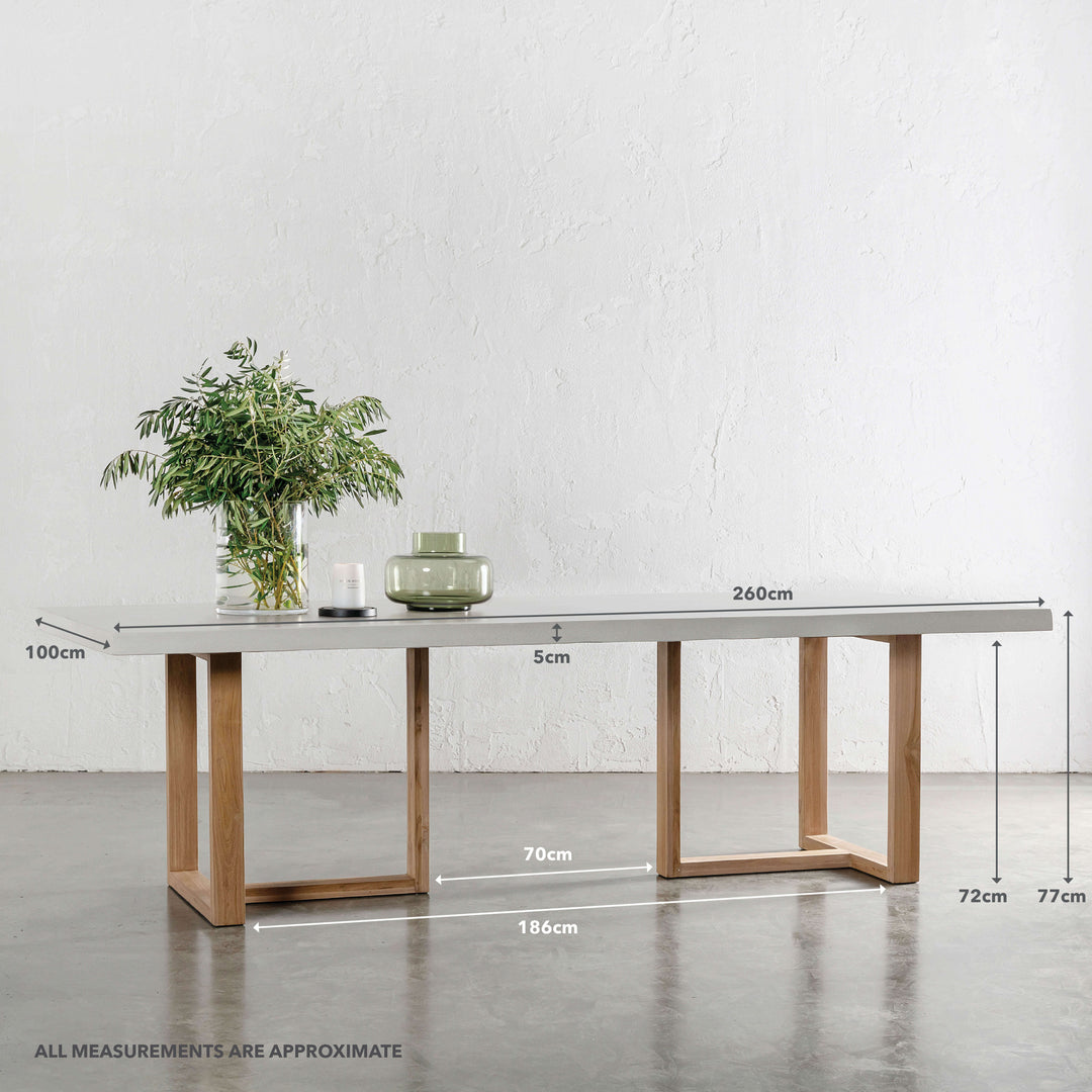 ARIA HALMSTAD DINING TABLE  |  BIANCO CIMENT + TEAK LEGS  |  260CM | MEASUREMENTS