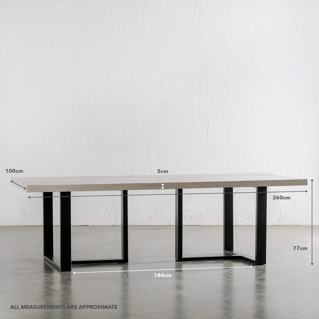 ARIA HALMSTAD DINING TABLE | SAHARA CIMENT + BLACK IRON LEGS | 260CM | MEASUREMENTS