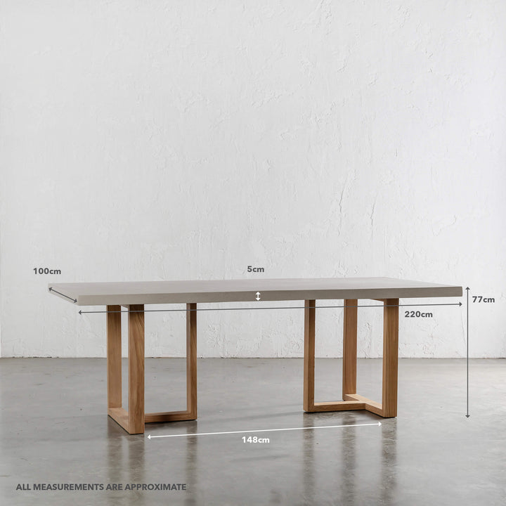 PRE ORDER | ARIA HALMSTAD DINING TABLE | SAHARA CIMENT + TEAK LEGS | 220CM | MEASUREMENTS