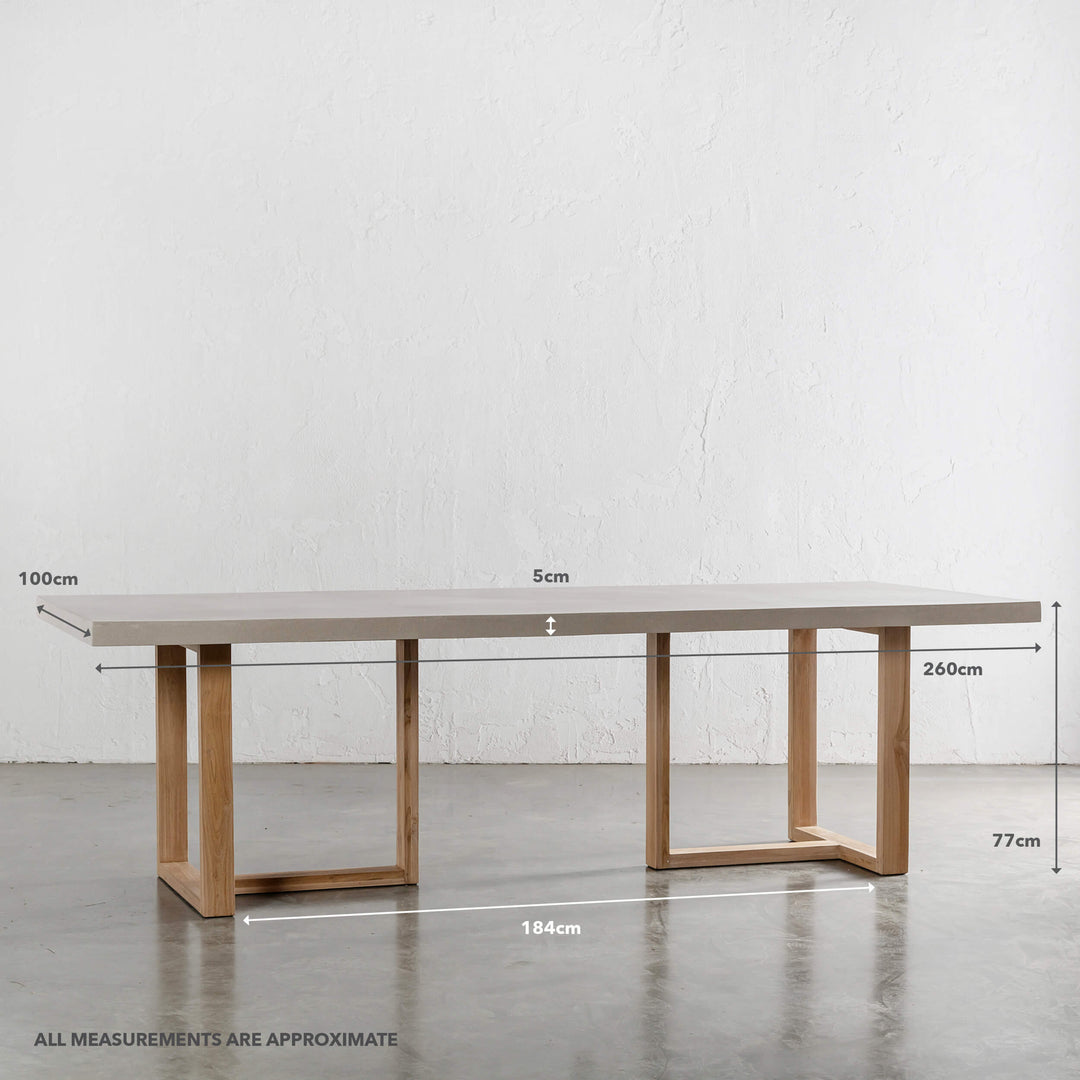 PRE ORDER | ARIA HALMSTAD DINING TABLE | SAHARA CIMENT + TEAK LEGS | 260CM | MEASUREMENTS