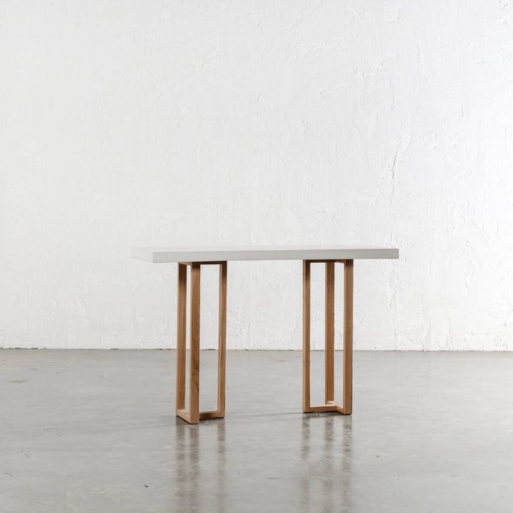 ARIA HALMSTAD HALL TABLE  |  BIANCO CIMENT + TEAK LEGS UNSTYLED 