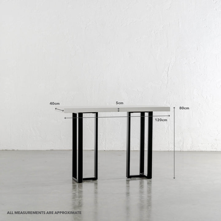 ARIA HALMSTAD HALL TABLE | BIANCO CIMENT + BLACK IRON LEGS | 120CM  |  MEASUREMENTS