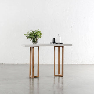 ARIA HALMSTAD HALL TABLE | BIANCO CIMENT + TEAK LEGS | 120CM