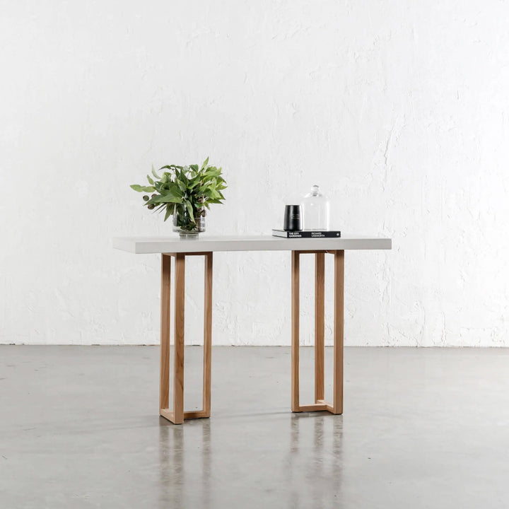 ARIA HALMSTAD HALL TABLE | BIANCO CIMENT + TEAK LEGS | 120CM