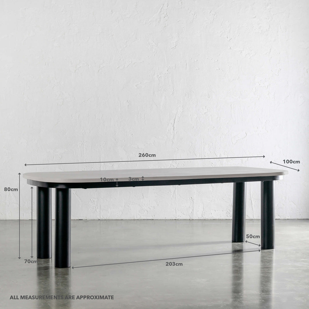 ARIA SAN SOLETTA DINING TABLE | ZINC ASH CONCRETE GRANITE + BLACK STEEL LEGS | 260CM | MEASUREMENTS