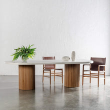 TRIENT LEATHER DINING CHAIR | NUTMEG HUSK + BRUSHED TEAK + VITOLO OVAL DINING TABLE