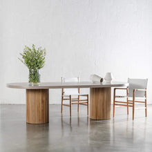 TRIENT LEATHER DINING CHAIR | TERRACE WHITE + BRUSHED TEAK + ARIA VITOLO OVAL DINING TABLE