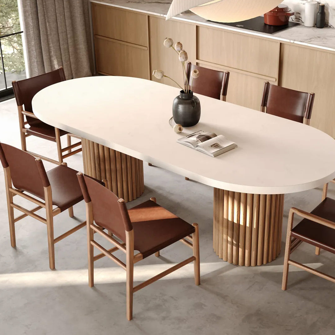 ARIA VITOLO PILLAR OVAL DINING TABLE  |  260CM + 300CM  |  SAHARA CIMENT