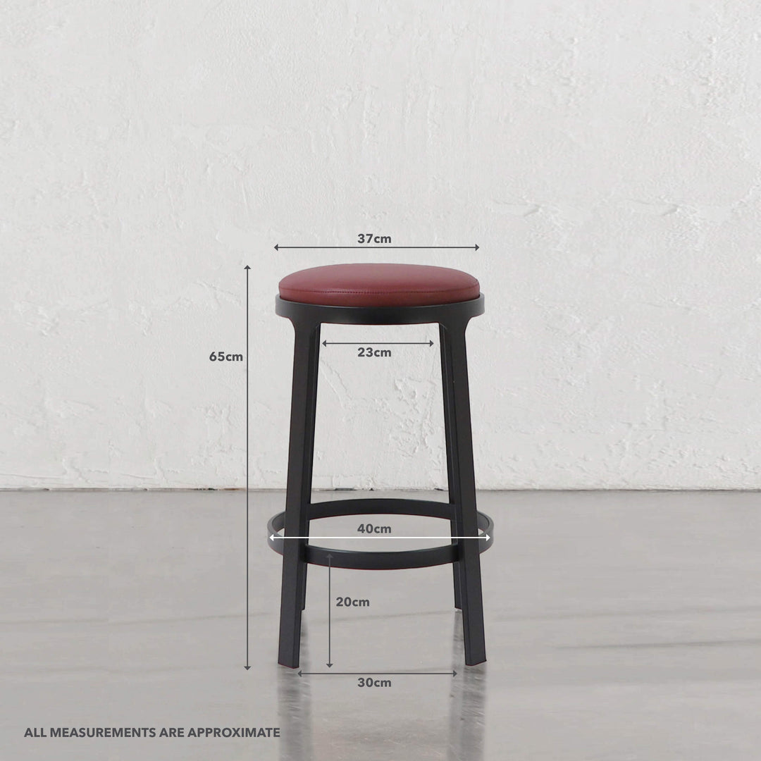ARNHEM COUNTER STOOL   |  BURNISHED CURRANT VEGAN LEATHER | MEASUREMENTS