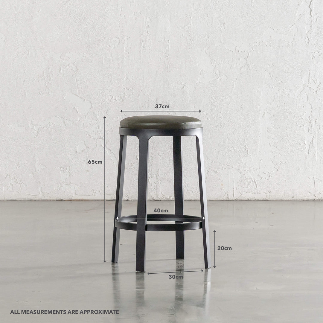 ARNHEM COUNTER STOOL   |  MEDITERRANEAN DEEP OLIVE VEGAN LEATHER | MEASUREMENTS