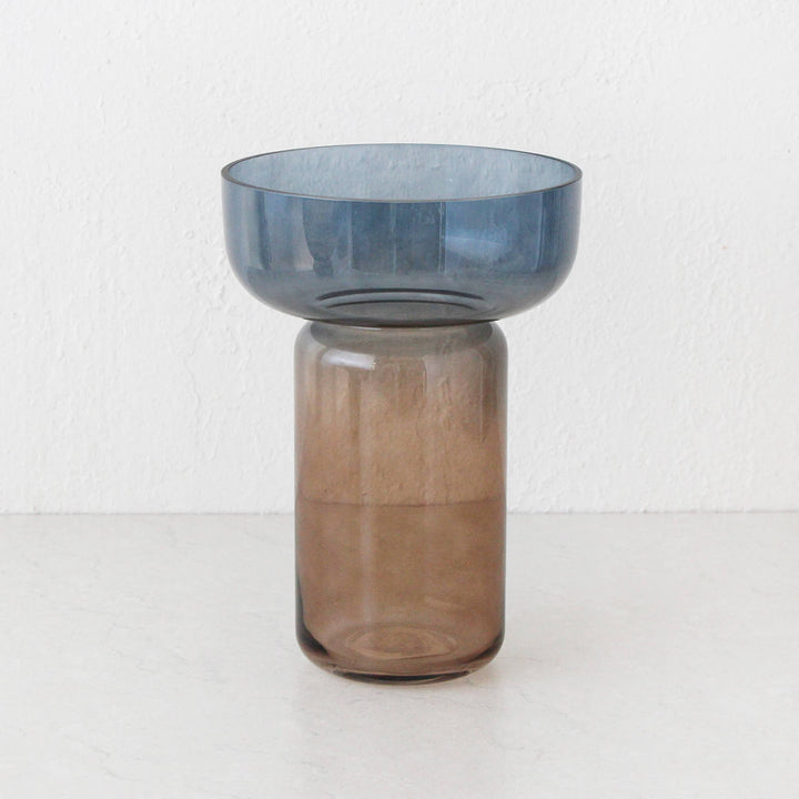 ASTA FOOTED GLASS VASE  |  NAVY + TAN GLASS