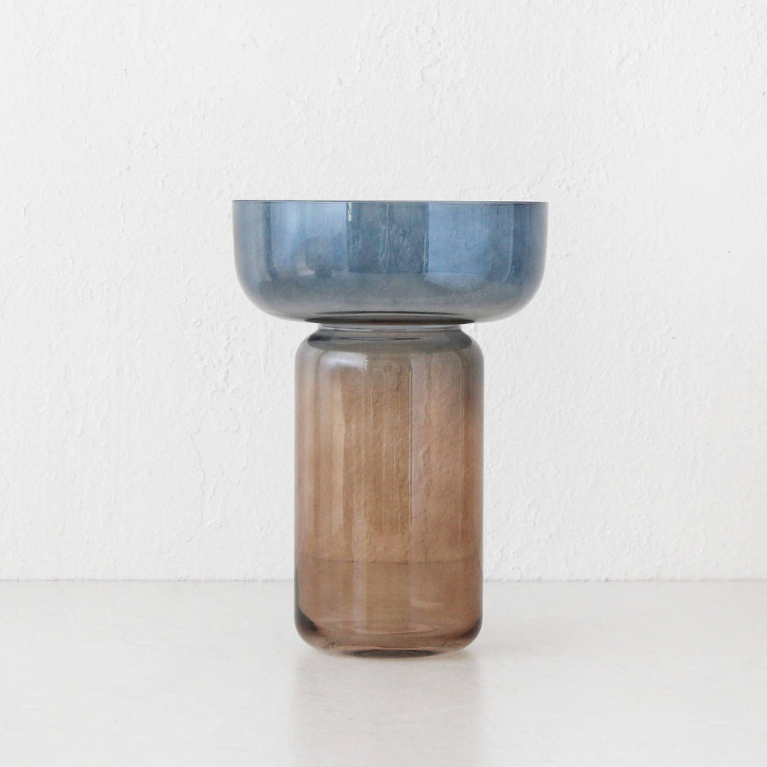 ASTA FOOTED GLASS VASE  |  NAVY + TAN GLASS