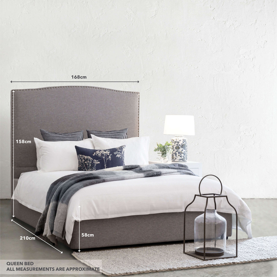 AVALON BED WITH STUDDED CURVE FRAME  |  GREY LINEN | QUEEN MEASUREMENTS