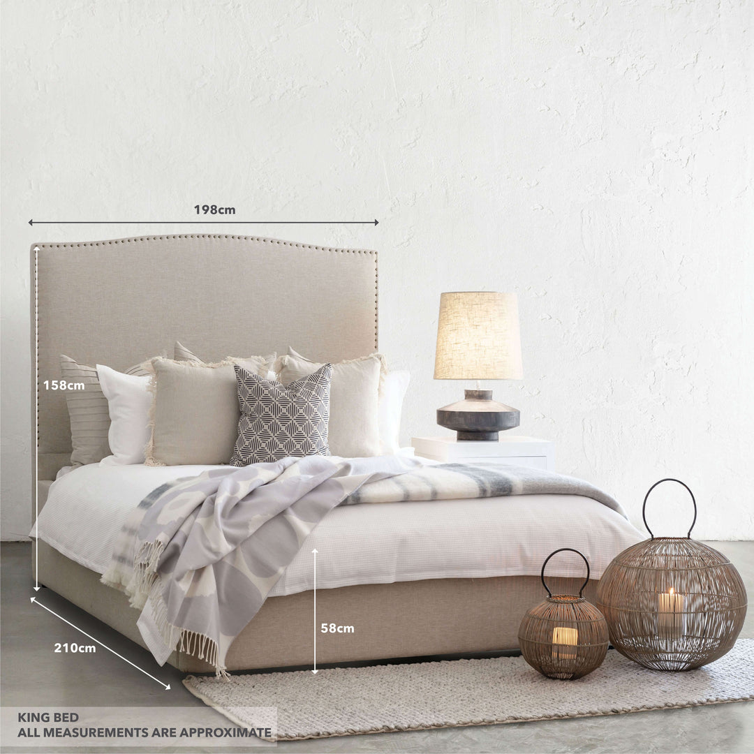 AVALON BED WITH STUDDED CURVE FRAME  |  NATURAL LINEN | KING MEASUREMENTS
