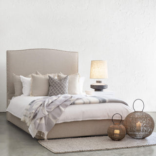 AVALON BED WITH STUDDED CURVE FRAME  |  NATURAL LINEN