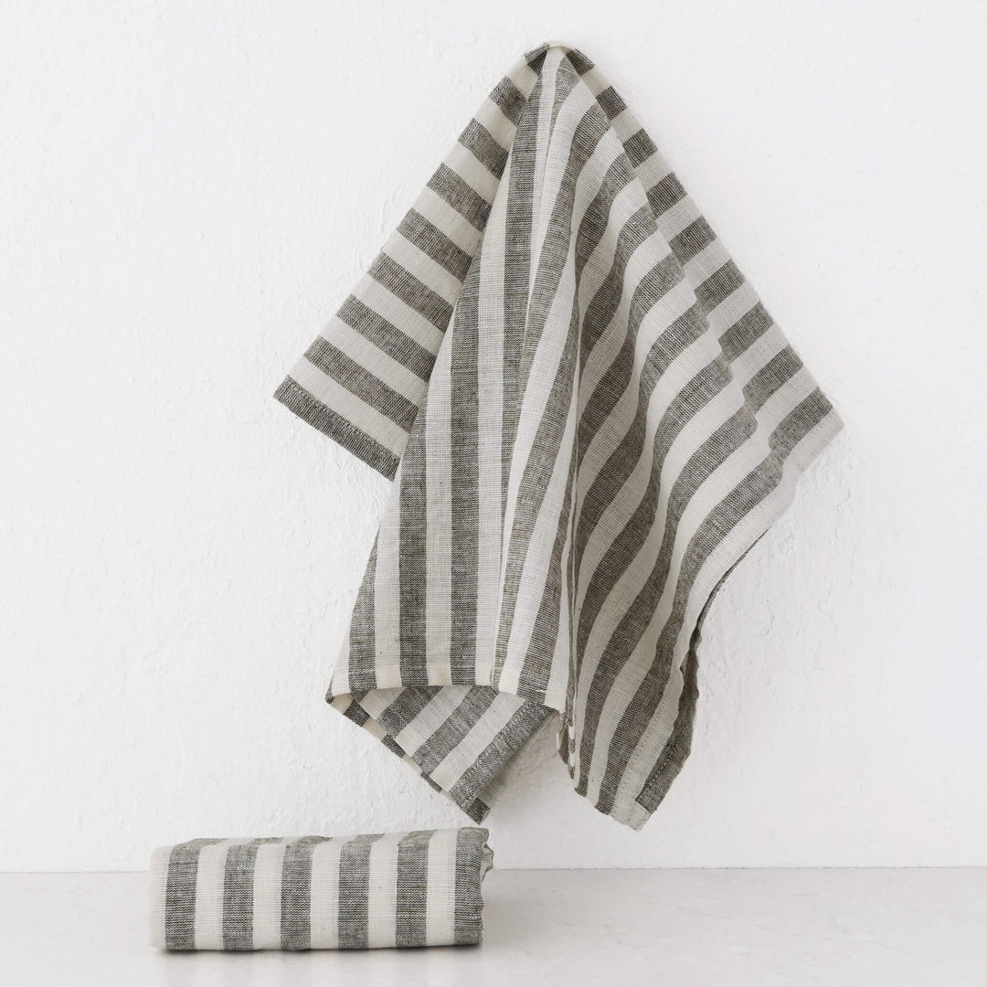 FRONTERA AWNING STRIPE KITCHEN TEA TOWEL BUNDLE X2  |   50X70CM  |  EBONY MOCHA