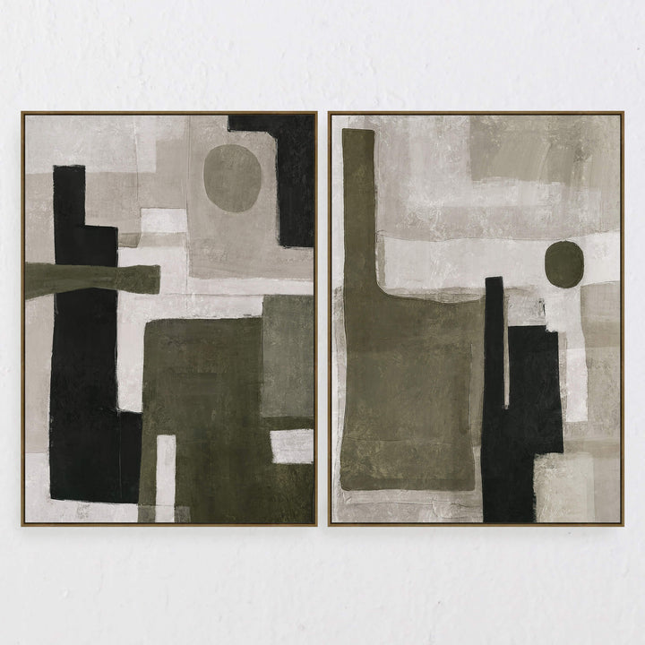 LBD EXCLUSIVE  |  ALASSIO FRAMED CANVAS PRINT  |  SET OF 2  |  90 X 120CM  |  OLIVE + TAUPE + DEEP CHARCOAL  |  OAK NATURAL FRAME