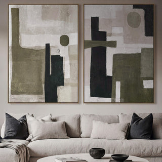 LBD EXCLUSIVE  |  ALASSIO FRAMED CANVAS PRINT  |  SET OF 2  |  90 X 120CM  |  OLIVE + TAUPE + DEEP CHARCOAL  |  OAK NATURAL FRAME