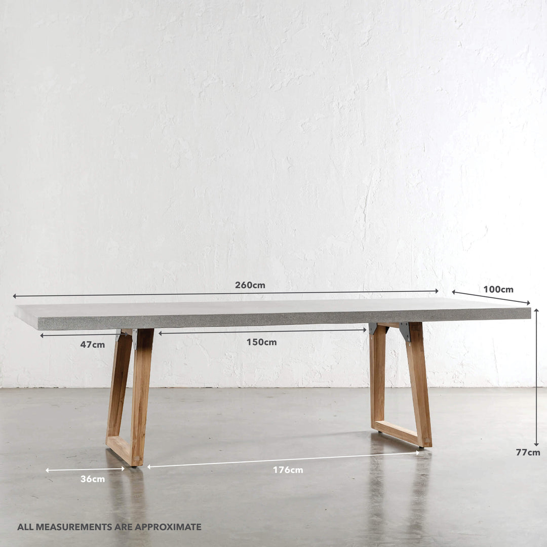 Aria Granite Concrete Dining Table + Scandi Leg  |  Zinc Ash  |  260cm | MEASUREMENTS