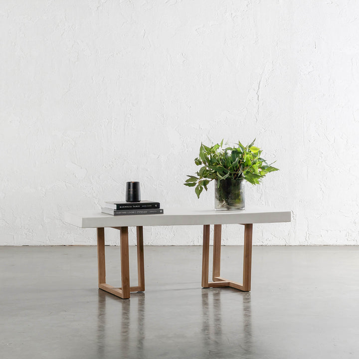 ARIA HALMSTAD COFFEE TABLE | BIANCO CIMENT + TEAK LEGS | 120CM  |  MEASUREMENTS