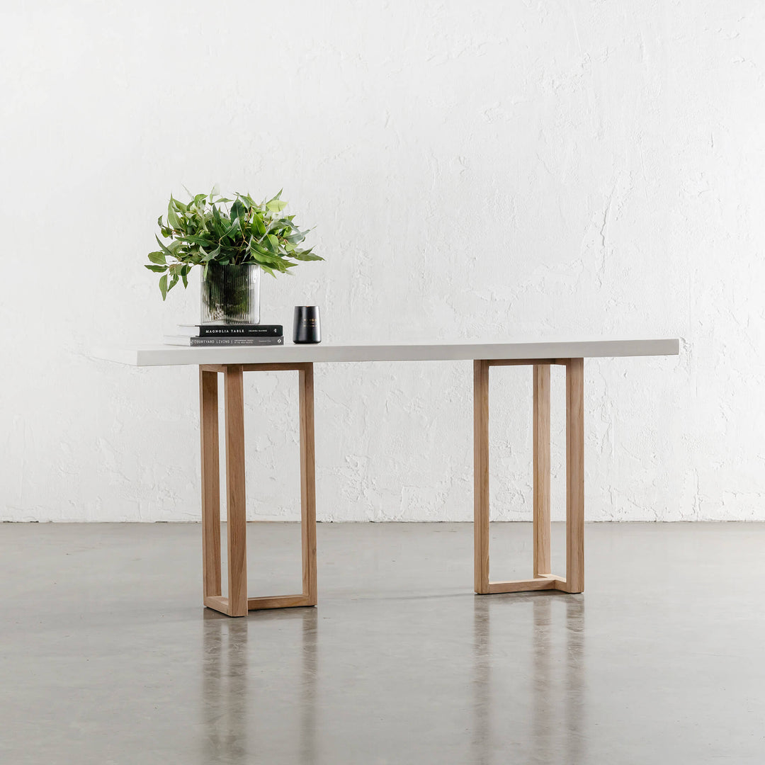 ARIA HALMSTAD HALL TABLE  |  BIANCO CIMENT + TEAK LEGS  |  180CM