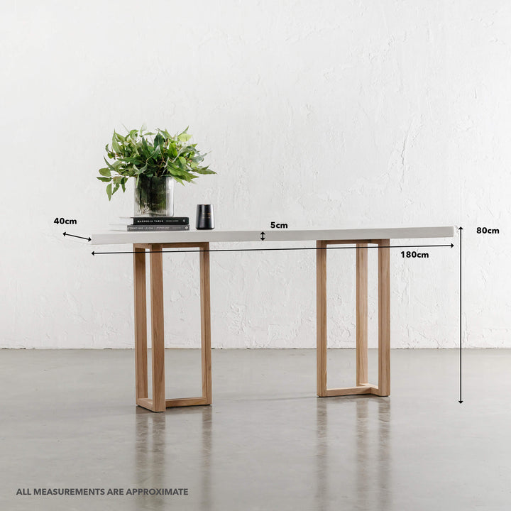 ARIA HALMSTAD HALL TABLE | BIANCO CIMENT + TEAK LEGS | 180CM  |  MEASUREMENTS