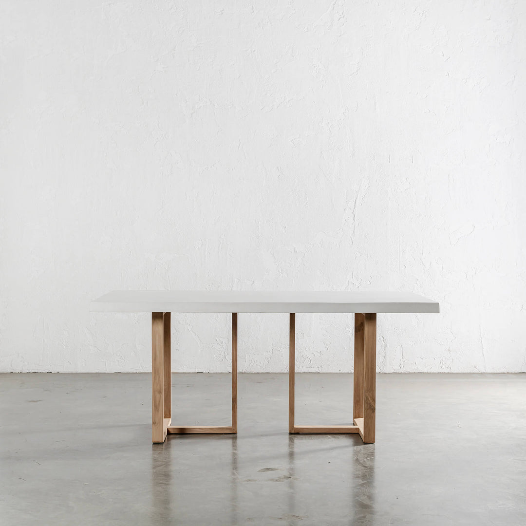 ARIA HALMSTAD DINING TABLE  |  BIANCO CIMENT + TEAK LEGS UNSTYLED   |  180CM