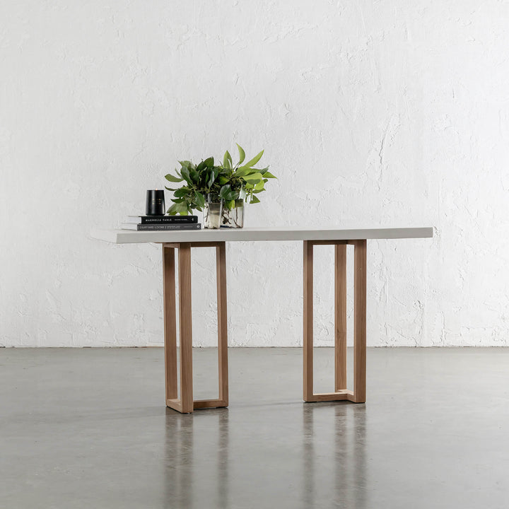 ARIA HALMSTAD HALL TABLE  |  BIANCO CIMENT + TEAK LEGS  |  150CM