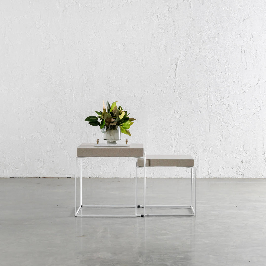 ARIA CONCRETE GRANITE SIDE TABLES |  SQUARE  |  PACKAGE  2 x SIDE TABLES  | SAHARA CIMENT + WHITE FRAME