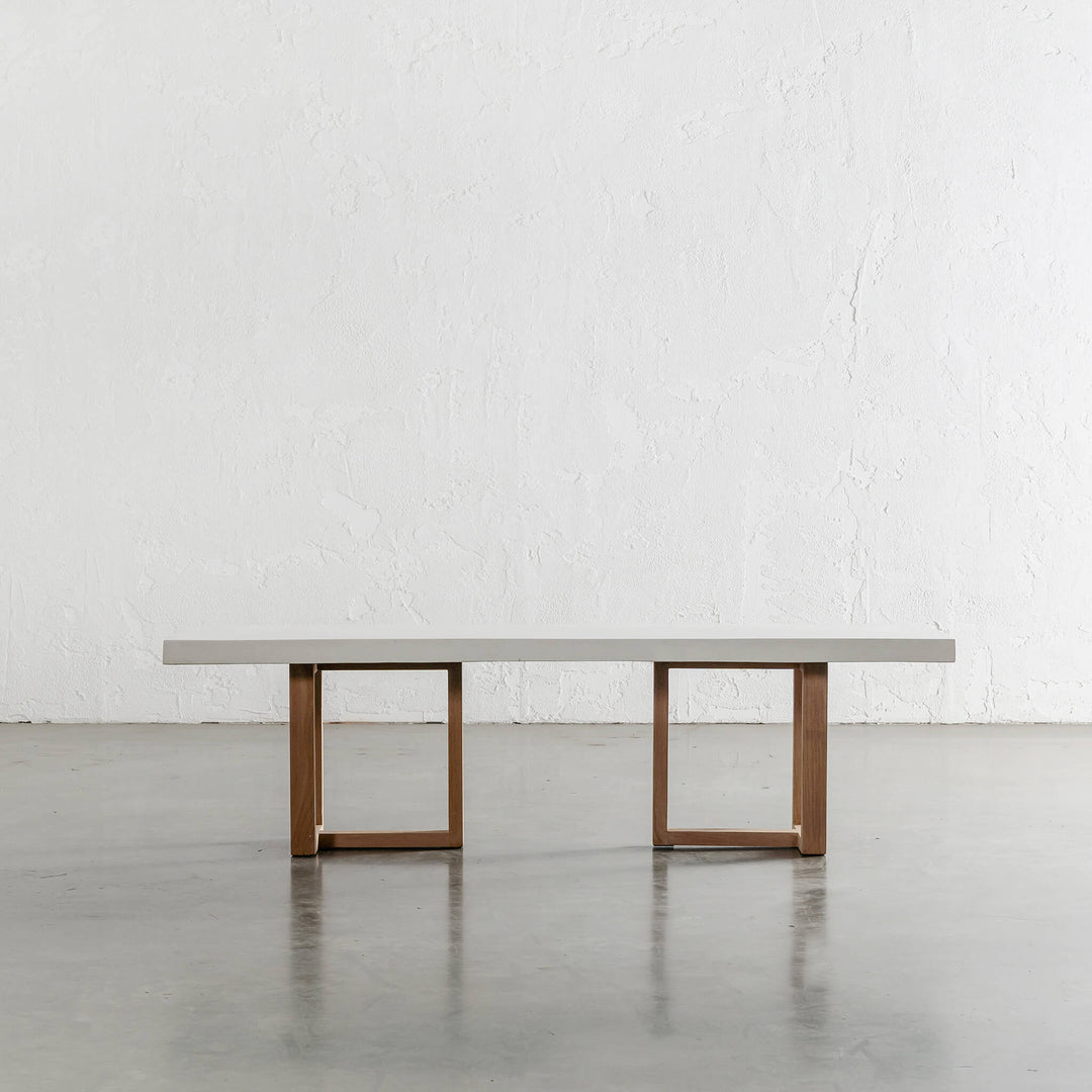 ARIA HALMSTAD BENCH  |  BIANCO CIMENT + TEAK LEGS UNSTYLED