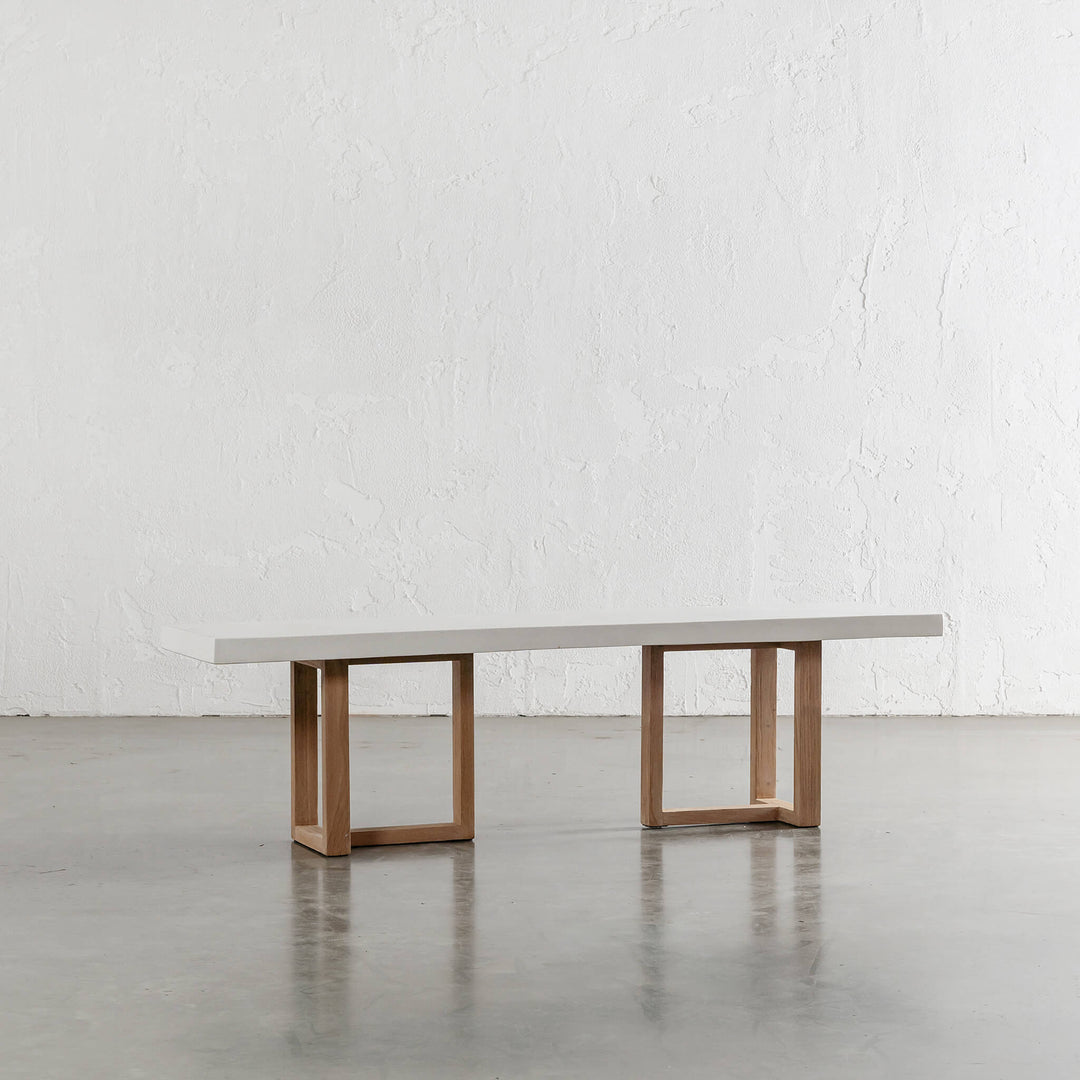 ARIA HALMSTAD BENCH  |  BIANCO CIMENT + TEAK LEGS UNSTYLED