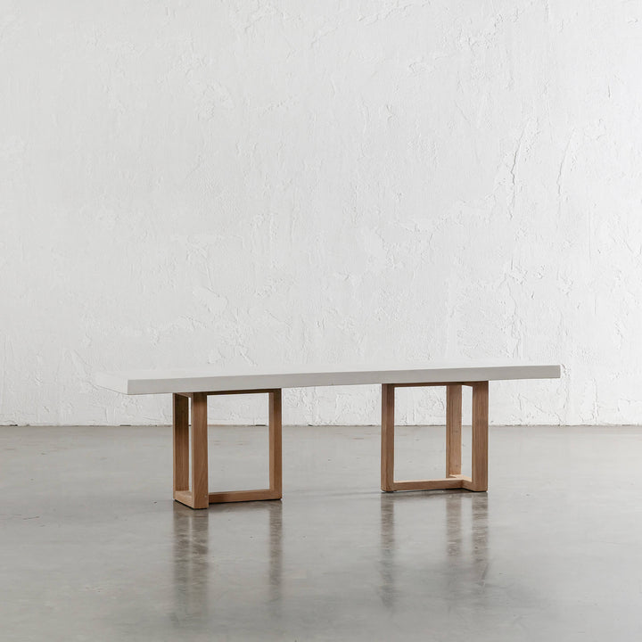 ARIA HALMSTAD BENCH  |  BIANCO CIMENT + TEAK LEGS UNSTYLED