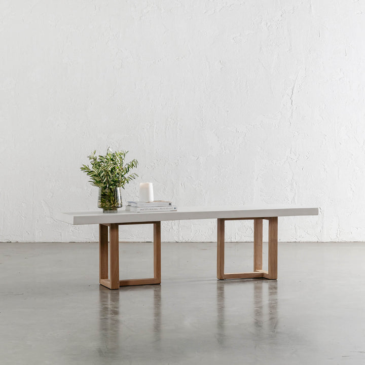 ARIA HALMSTAD BENCH  |  BIANCO CIMENT + TEAK LEGS  |  160CM