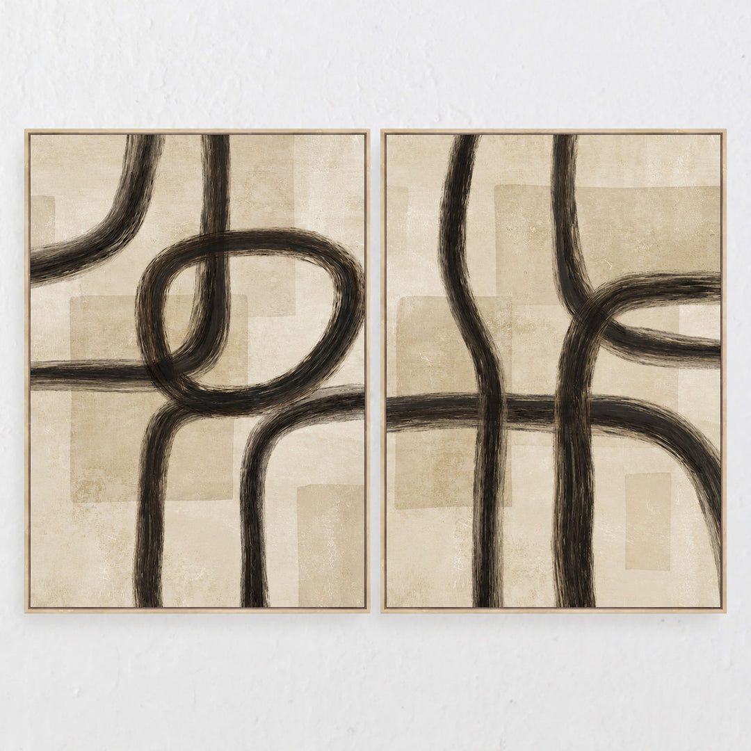 ASTI FRAMED CANVAS PRINT  |  SET OF 2  |  90X120CM  |  CHARCOAL + NATURAL BEIGE  |  NATURAL BAMBOO FRAME