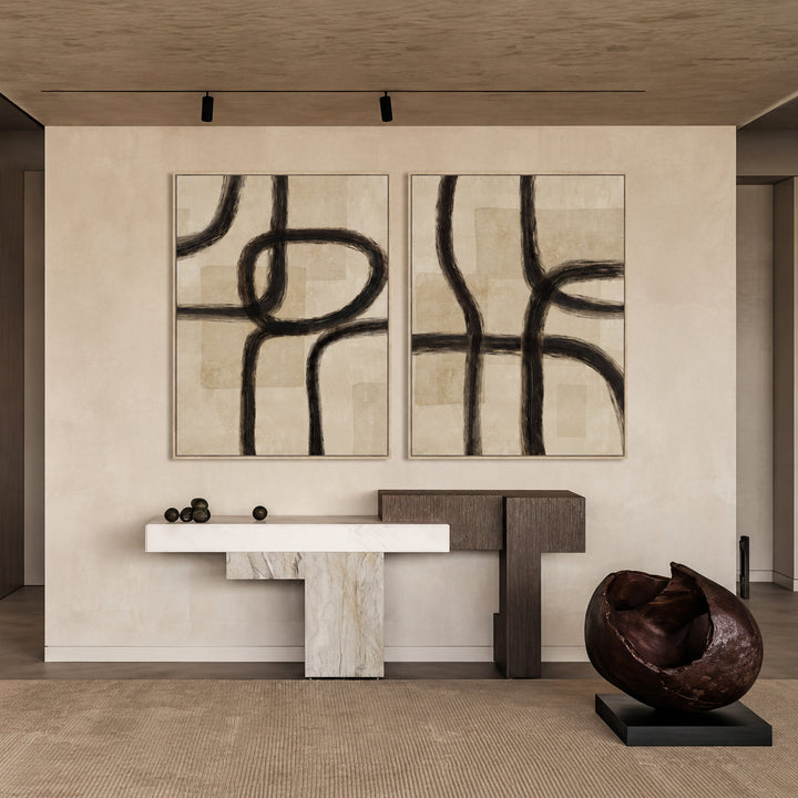 ASTI FRAMED CANVAS PRINT  |  SET OF 2  |  90X120CM  |  CHARCOAL + NATURAL BEIGE  |  NATURAL BAMBOO FRAME