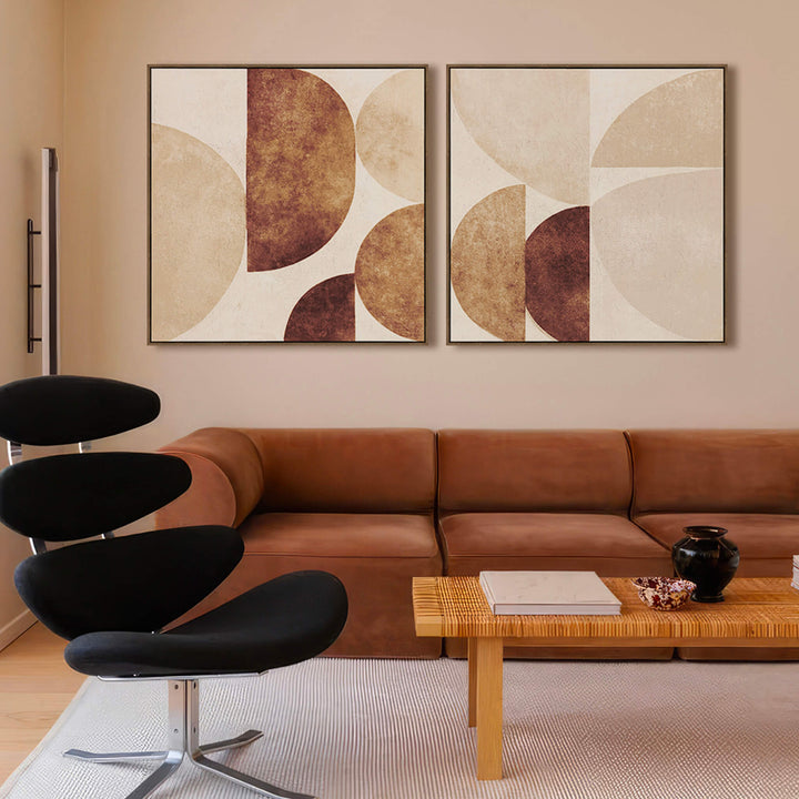 AZERRO FRAMED TEXTURED CANVAS PRINT |  SET OF 2  |  100 X 100CM  |  NATURAL TAUPE + RUST  |  OAK NATURAL FRAME