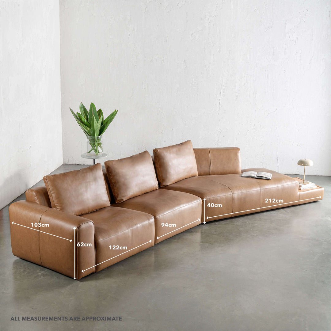 BAMBERG ANGLED MODULAR CHAISE LOUNGE SOFA  |  DAKOTA SADDLE TAN | MEASUREMENTS