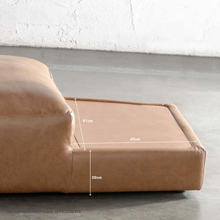 BAMBERG ANGLED MODULAR CHAISE LOUNGE SOFA  |  DAKOTA SADDLE TAN | OPEN MODULAR END SHELF MEASUREMENTS