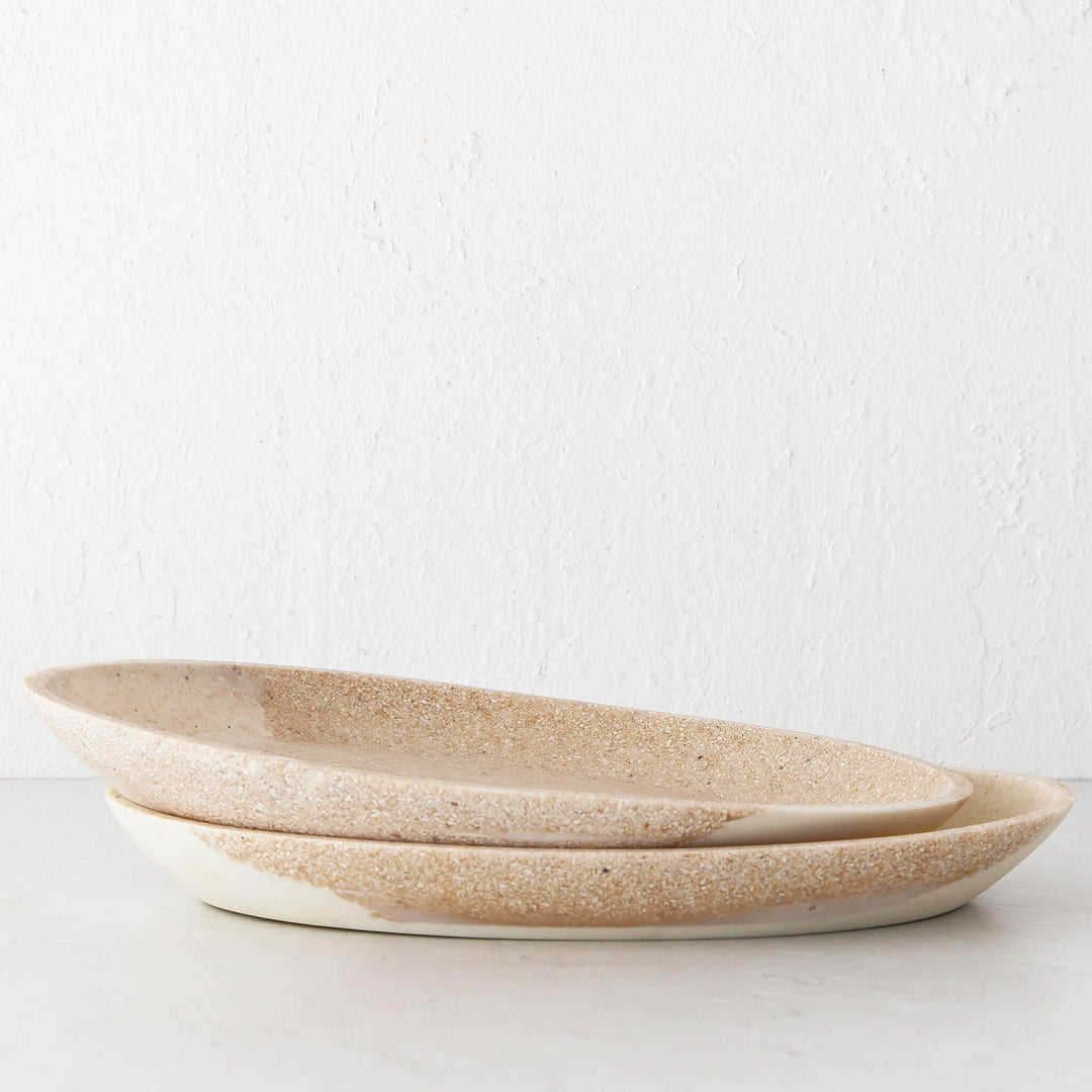 BARLETTA OVAL RESIN SERVING PLATTER BUNDLE X2  |  EXTRA LARGE 40CM  |  SANDY DUNE + TERRAZZO WHITE RESIN