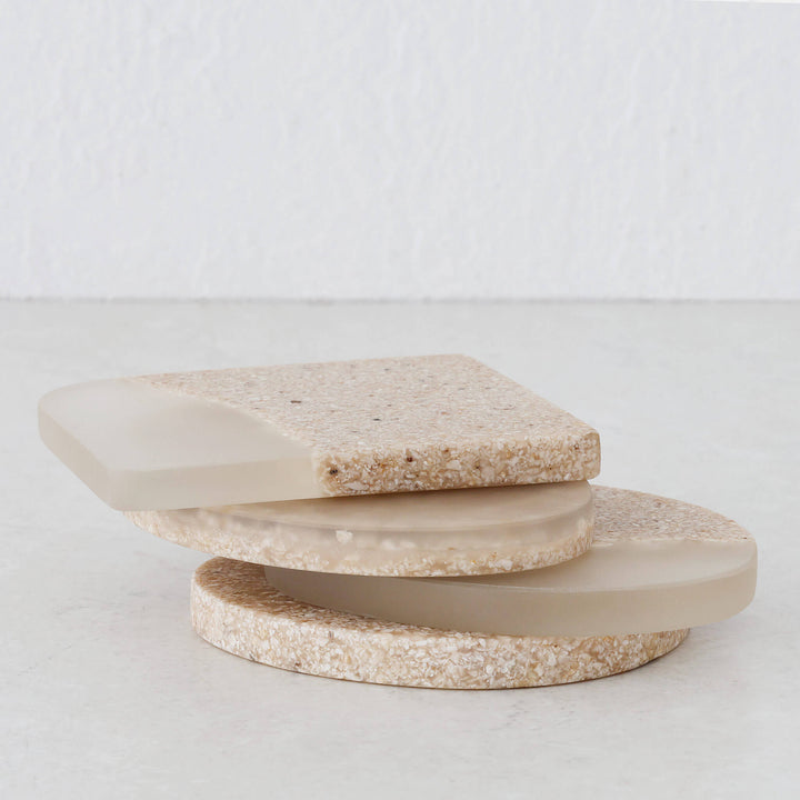 BARLETTA RESIN COASTER  |  SET OF 4  |  SANDY DUNE + TERRAZZO WHITE RESIN