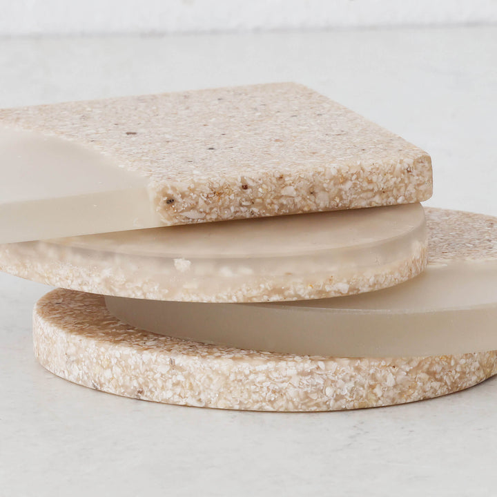BARLETTA RESIN COASTER  |  SET OF 4  |  SANDY DUNE + TERRAZZO WHITE RESIN